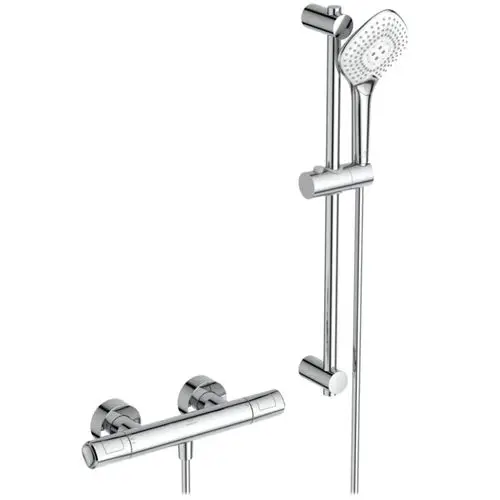 Chromatische Brausekombination mit Handbrause, teleskopischem Halter und ein thermostatisches Steuergerät, ideal für moderne Badezimmer.